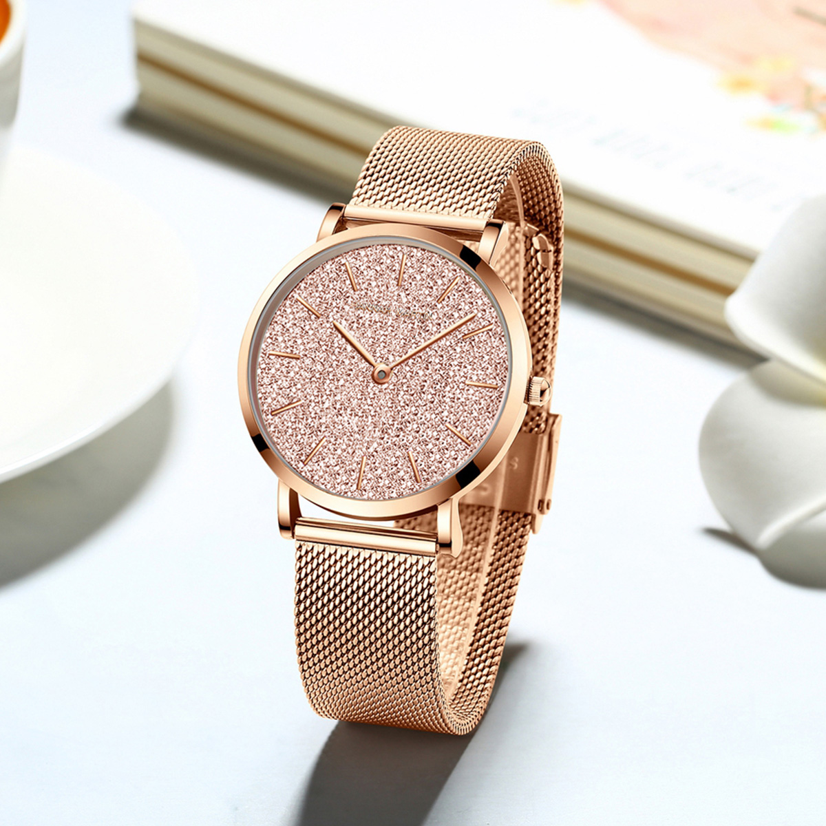 Mesh Stainless Strap - ハンナ・マーティン 高級レディース腕時計 日本オリジナルクォーツムーブメント ステンレススチールメッシュストラップ 36mm ローズゴールド腕時計