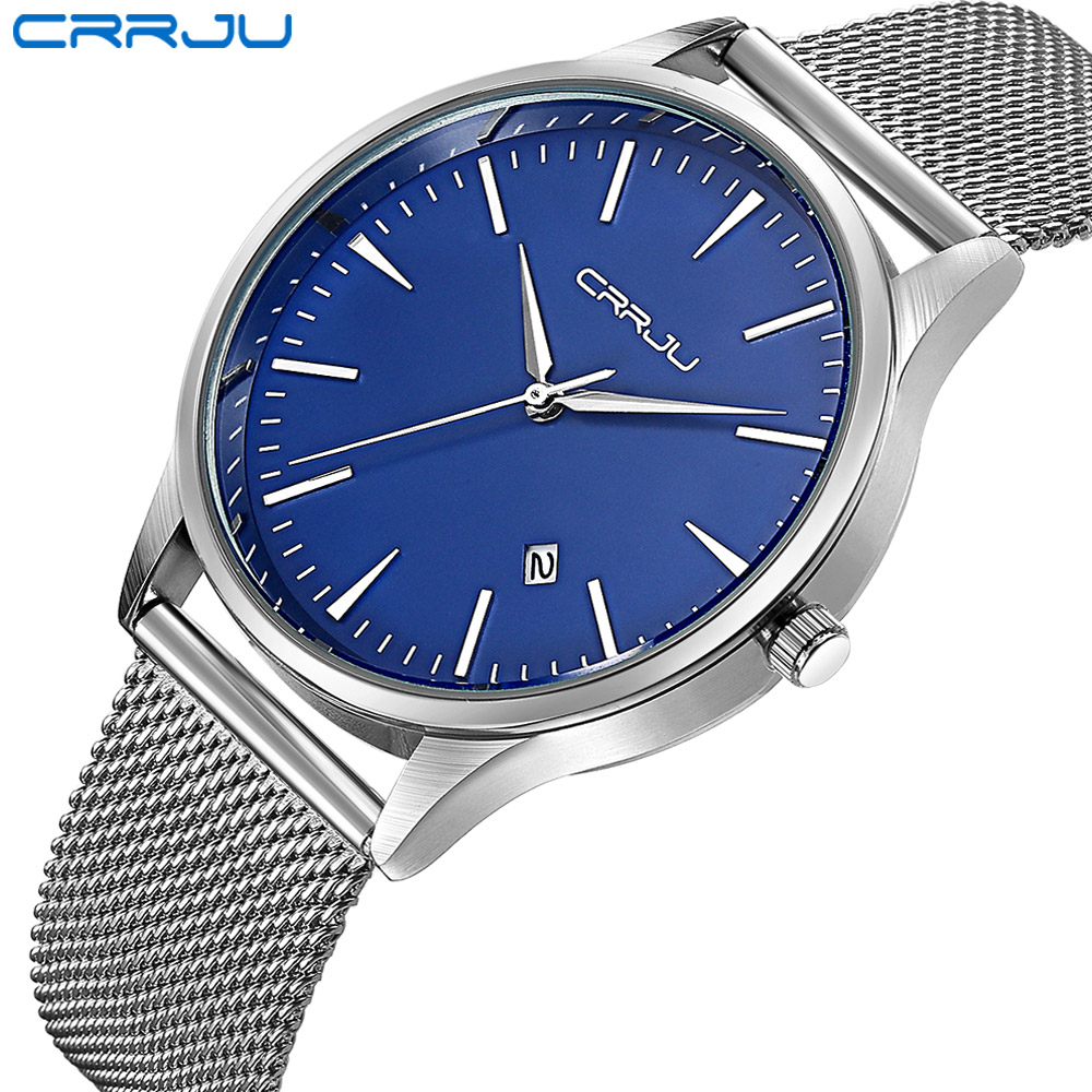 Mesh Stainless Strap - Crrjuカレンダー構成ビジネスマン腕時計ステンレス鋼メッシュストラップラウンドファッションスポーツクォーツ腕時計男性レロジオmasculino
