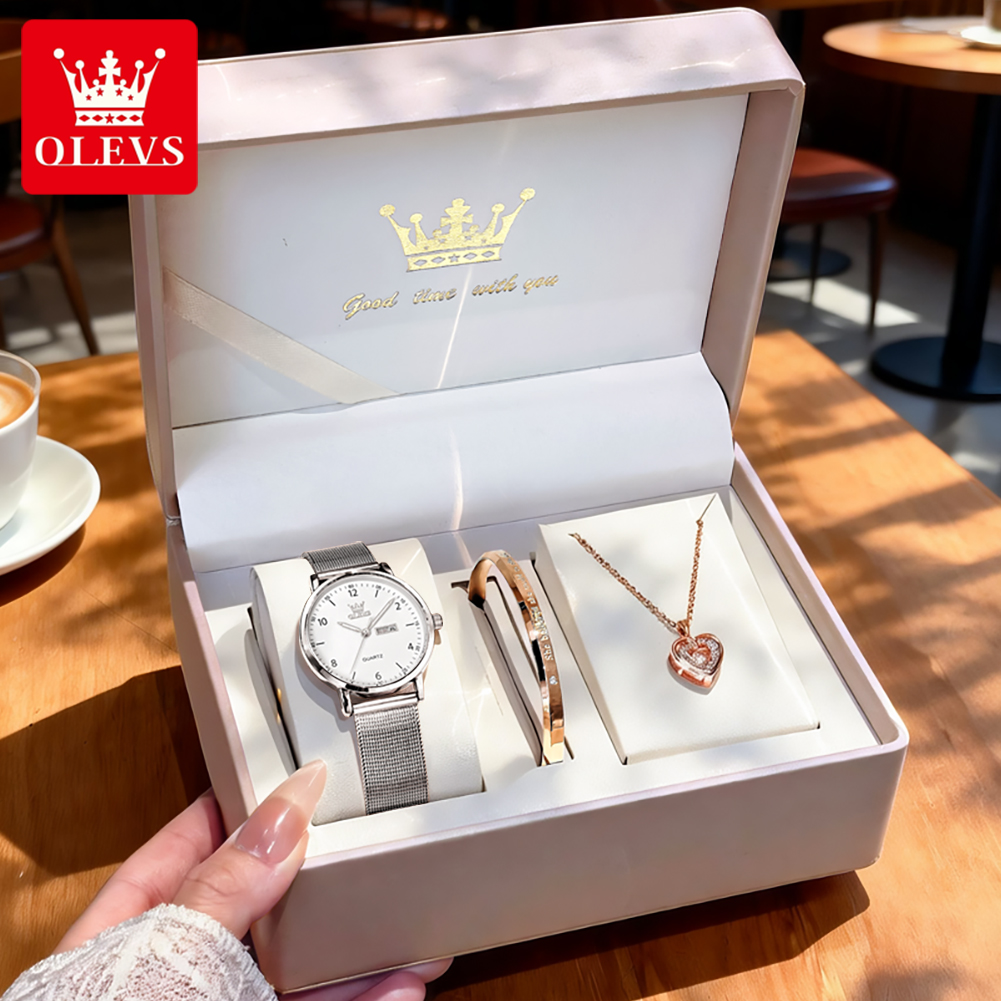 Analog Quartz Watch - OLEVS 2996 女性腕時計オリジナルエレガントなスリムクォーツ時計防水デュアルカレンダー表示時計女性のためのギフトボックスリロイ