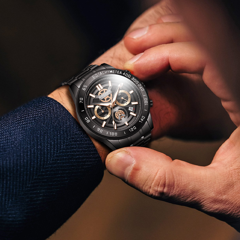 Analog Quartz Watch - 男性用腕時計、メンズカジュアルクォーツ時計クロノグラフ50M防水、夜光針デイデイトカレンダー表示ステンレススチール