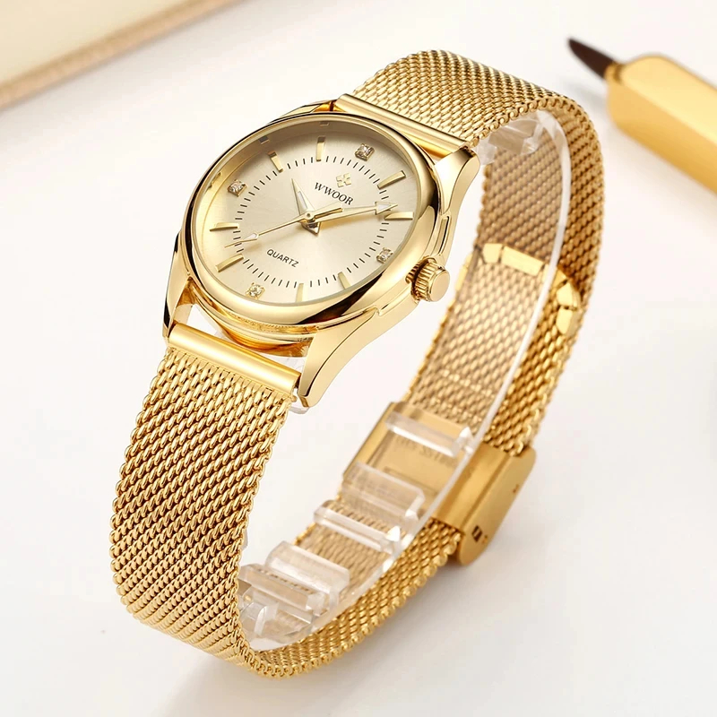 Mesh Stainless Strap - WWOOR 高級ブランドドレスゴールド腕時計レディースエレガントなダイヤモンド小型クォーツ腕時計女性用スチールメッシュ時計 zegarek damski