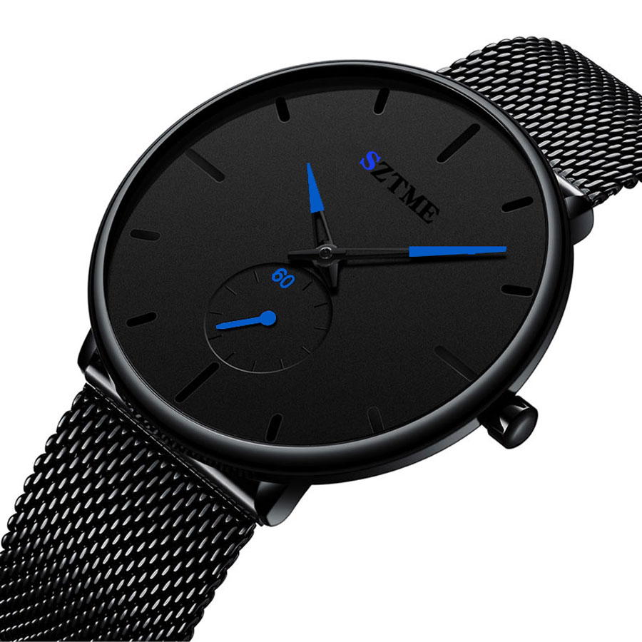 Mesh Stainless Strap - メンズ超薄型クォーツ時計,メッシュストラップ,カジュアルでクールな青い針,英国のファッション