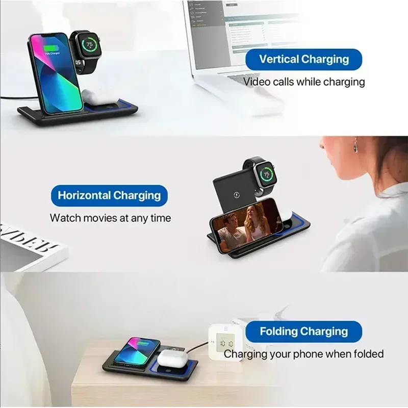 3 で 1 ワイヤレス充電器折りたたみ LED ライト電話ス - Smartwatch Phone Watches のレビューと価格