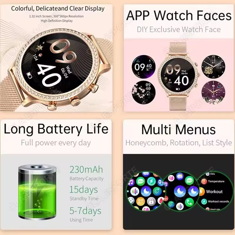 エレガントなレディーススマートウォッチ、Bluetooth通 - Smartwatch Health Watches のレビューと価格